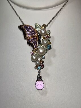 NWOT Gold Plated Sterling Silver Genuine Gemstone Butterfly Pin Necklace
